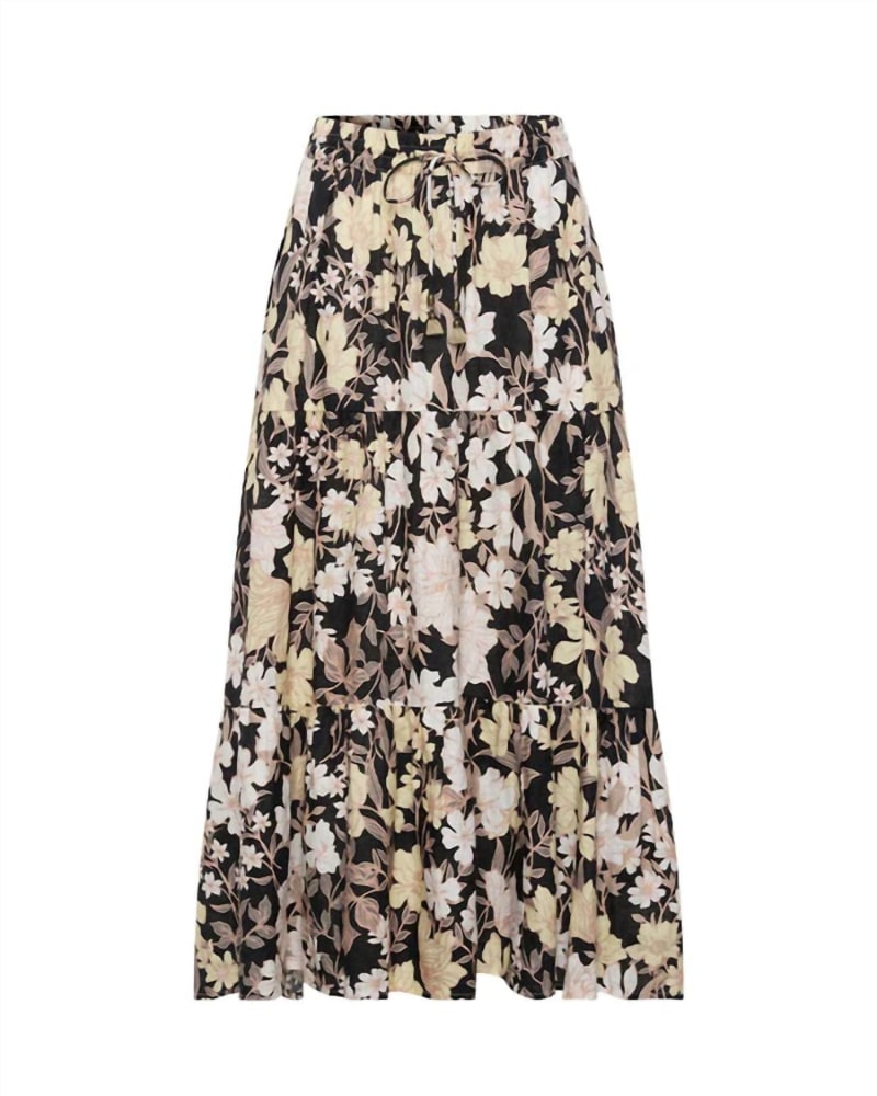 Front of a model wearing a size 10 Women'S Delilah Tiered Midi Skirt In Black Floral in Black Floral by KIVARI. | dia_product_style_image_id:356757